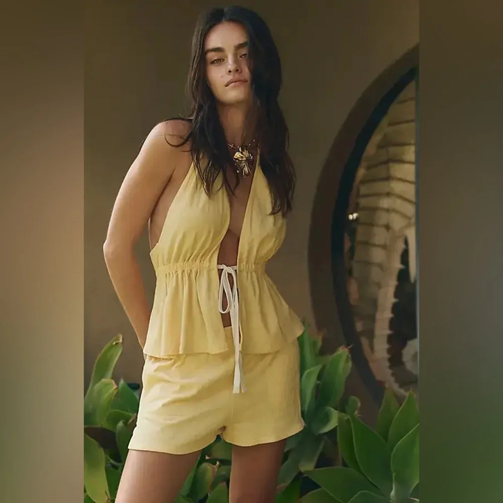 Free People Allegra Banana Yellow Halter Tie Front Flowy Top, Medium - Picture 3 of 13